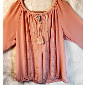 Boho Peasant Blouse Peach Embroidered Tassel Top Lane Bryand Size 14/16 Plus